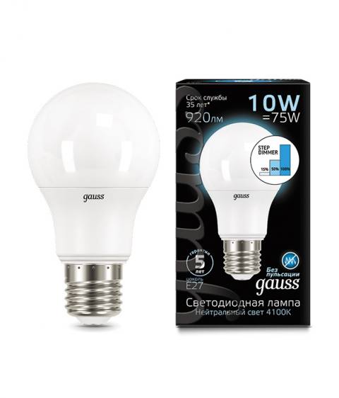 Лампа Gauss LED A60 10W E27 920lm 4100K step dimmable